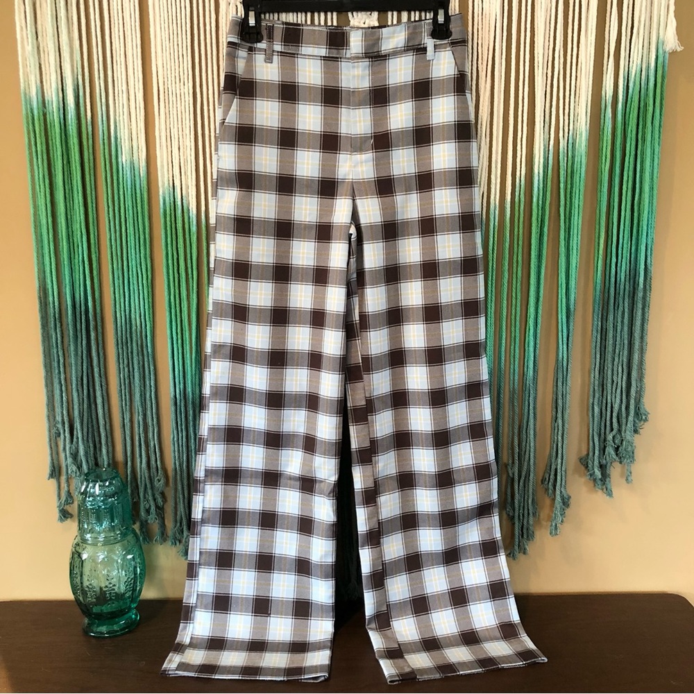 Urban Outfitters Elle Straight Leg Plaid Pants Light Blue Brown UO Sz.2 Academia